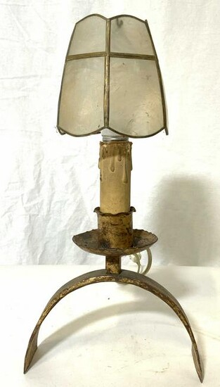 Antique Gilded Metal Candlestick Lamp W Shade