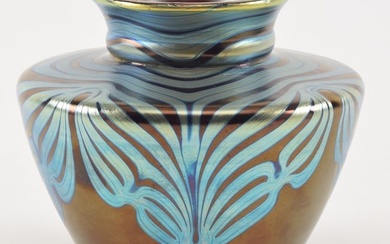 Antique Loetz style art glass vase with King Tut pattern decoration. Dark red glass base color.