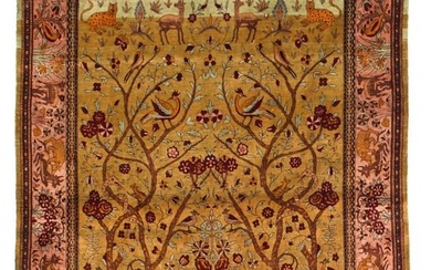 Antique Persian Silk Kashan Tree of Life Rug