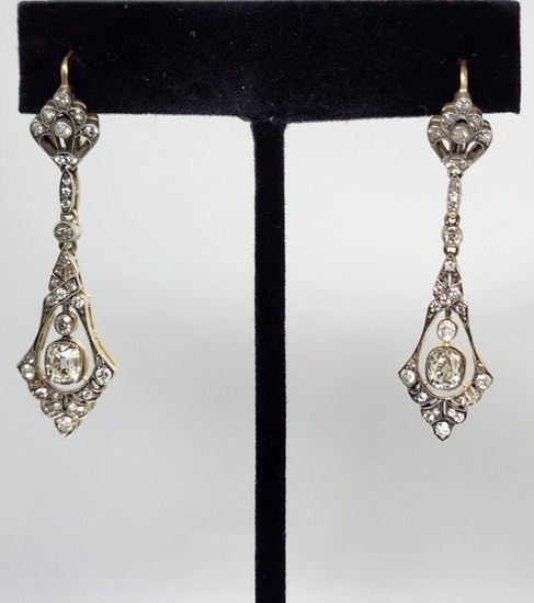 Antique Russian Gold and Diamond Pendant Earrings
