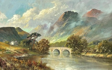 Antique Scottish Highlands Oil Painting River & Mountains Old Stone Bridge c.1930's