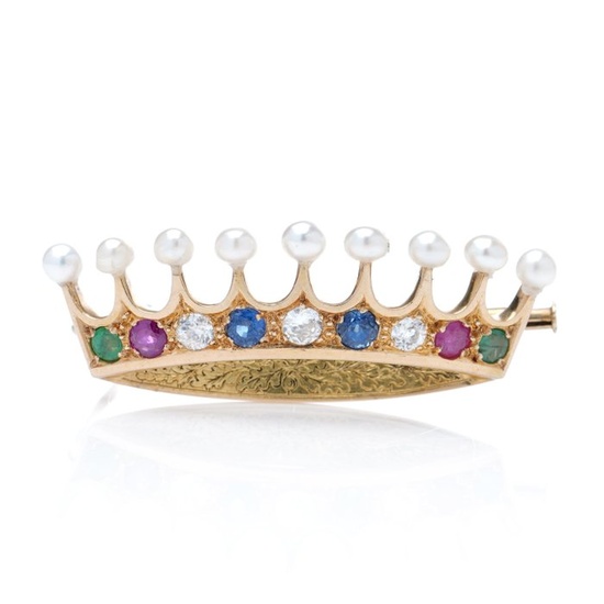 Antique crown set with multi - gemstones - 18 kt. Gold - Brooch