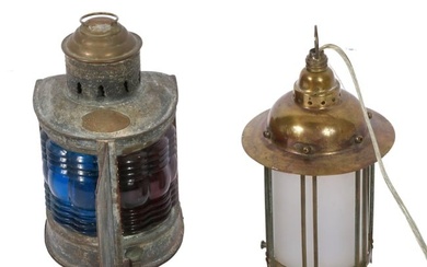 Antique maritime copper and brass port lantern with blue glass and English Arts and Crafts style