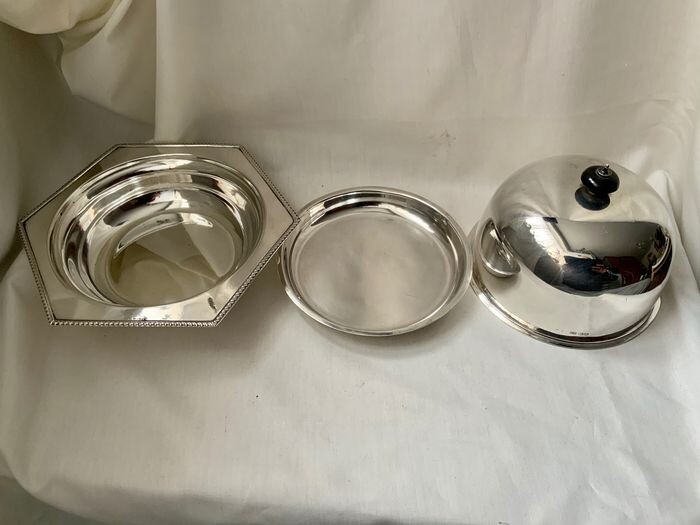 Antique / vintage english Art Deco sterling silver muffin dish / worming food dish ,1931 (1) - .925 silver, Sterling silver all except small top finial small ebony piece - Harrison Brothers & Howson (George Howson) - U.K. - 1931