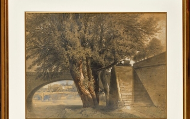 Armand Théophile CASSAGNE (1823-1907) Sur les quais Dessin au fusain et aquarelle Signé en bas...