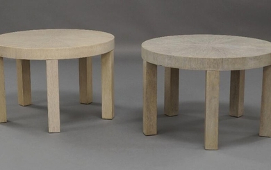 Armani Casa, a near pair of 'Ottawa' side tables, circa 2015, in bleached oak, the circular tops on square section supports, 45.5cm high, 70cm diameter (2)