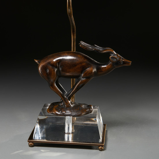 Art Deco bronze and glass running stag lamp