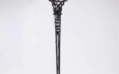 Art Deco floor lamp in wrought iron with alabaster coupe