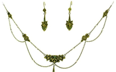 Art Nouveau Enamel Gold Necklace and Earrings Set with