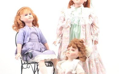 Artist Signed Porcelain Dolls and Chair