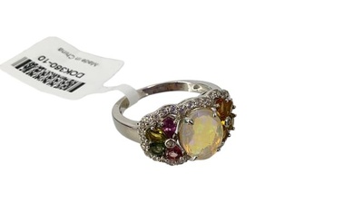 Attractive Ethiopian Opal Ring w/Multi-Color Tourmalines