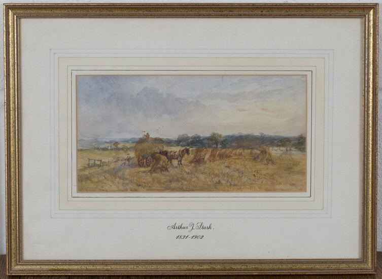 Attributed to Arthur J. Stark - Haymaking Scene, late 19th century watercolour, label verso, 12.5cm