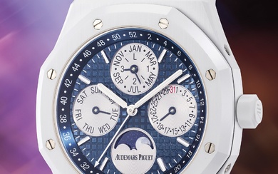 Audemars Piguet, Ref. 26579CB.OO.1225CB.01 A rare and cutting-edge white ceramic perpetual calendar wristwatch with moon phases display, week indication, box and guarantee