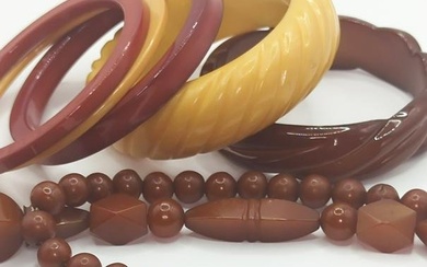 BAKELITE AND COLORED LUCITE; Necklace And Five Bangles