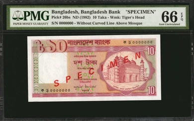 BANGLADESH. Bangladesh Bank. 10 Taka, ND (1982). P-26bs. Specimen. PMG Superb Gem Uncirculated 66.