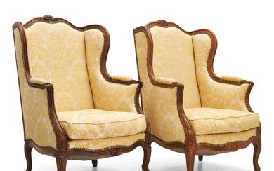 BERGÈRE, 1 pair, Rococo style, carved decor, yellow patterned upholstery.