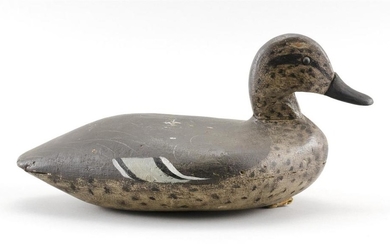 BLUE-WINGED TEAL HEN DECOY Maker unknown. Hollow-carved. Tack eyes. Length 11".