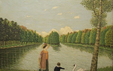 BONNIER (XXème s.) Mère et son enfant donnant à manger à un cygne Huile sur toile signée en bas à gauche et datée 24 38 x 46 cm.