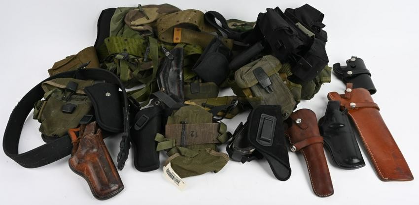 BOX LOT 26 PISTOL HOLSTERS MILITARY BELTS + MORE