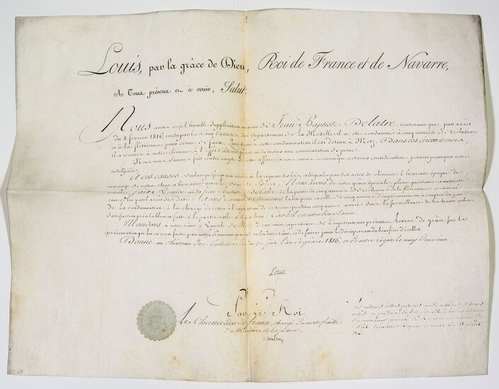BREVET DE CLÉMENCE signé du Roi LOUIS XVIII,...