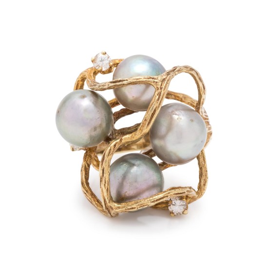 BRUTALIST, CULTURED PEARL AND DIAMOND RING