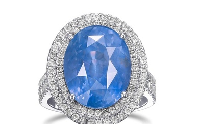 BURMA NO HEAT 14.35ct Sapphire & 1.30Ct Diamonds Double Halo - 18 kt. White gold - Ring Sapphire