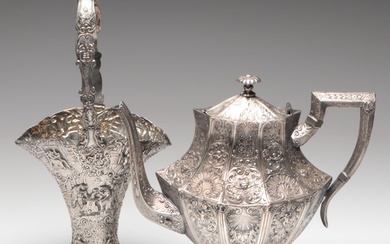 Barbour Silver Co. Silver Plate Basket and Tea Pot, Late 19th/Early 20th C.