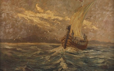 Bateau viking dans une mer déchaînée devant une côte rocheuse, un bateau viking avec son...