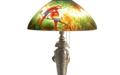 Beautiful, reverse painted Table Lamp with parrots.