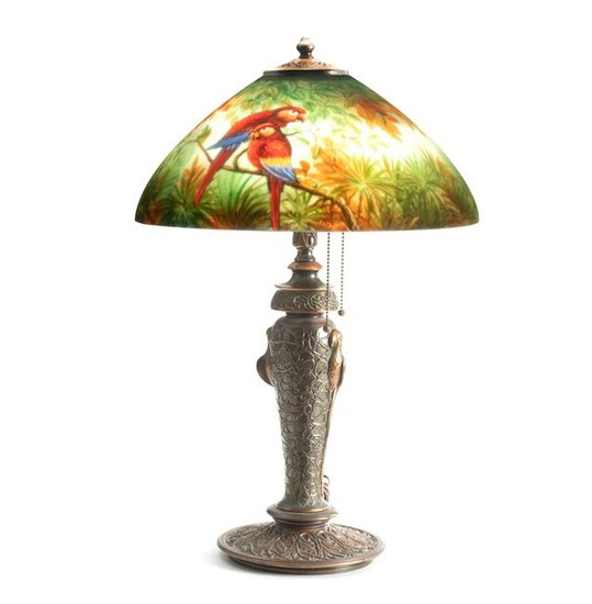 Beautiful, reverse painted Table Lamp with parrots.