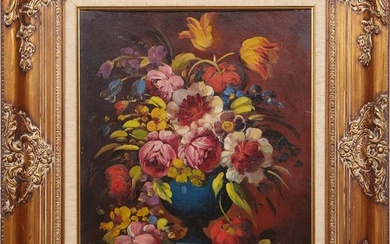 Belgian School, "Still Life with Flowers," 20th c., H.- 19 3/4 in., W.- 15 3/4 in., Framed- H.- 29