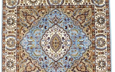 Blue Hand-Knotted New Kirman Square 5X5 Floral Wool Area Rug Oriental Carpet
