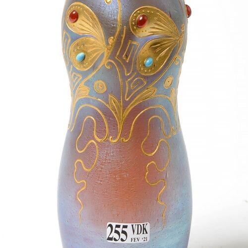Blue iridescent crystal vase decorated with gold "Butterflies" and small...