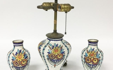 Boch Freres Belgium Pottery Lamp & 2 Vases