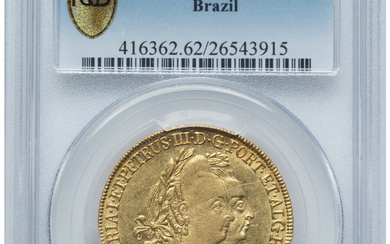 Brazil: , Maria I & Pedro III gold 6400 Reis 1785-R MS62 PCGS,...