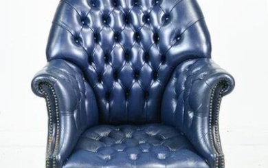 British Dark Blue Leather Button Tufted Office Chair