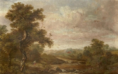 British School, early 19th century- A wooded river landscape with two figures fishing; oil on canvas, 43.5 x 56 cm. Provenance: Private Collection, UK.