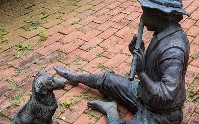 Bronze Sculpture of Boy with Flute & Composite Dog
