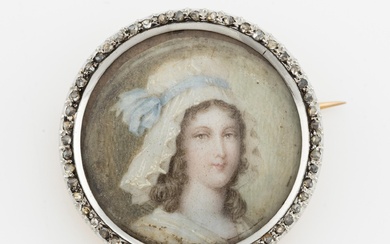 Brooch in gold with miniature portrait, wreath with rose-cut diamonds