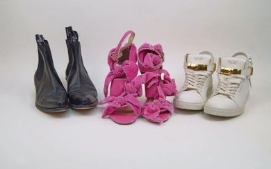 Buscemi: a pair of high top leather trainers with the 18 ct. gold lock and fastening, size '40', together with a pair of Gia Couture Katia Italian heels in fuchsia pink velvet, size '41', and a pair of R. M. Williams ladies Maya black Chelsea...