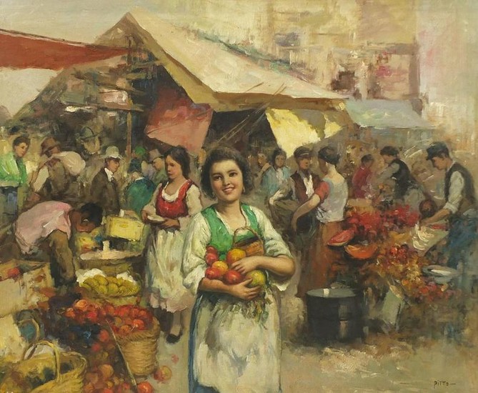 Busy market scene, Italian impressionist oil on board