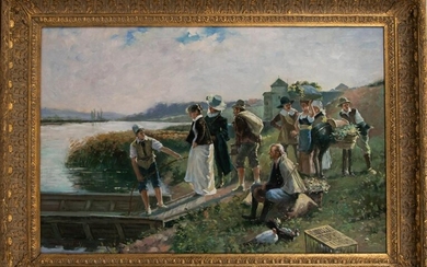 C. HOWELY OIL ON CANVAS, RIVER CROSSING
