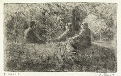 CAMILLE PISSARRO Repos du dimanche dans le bois. Etching and drypoint printed in...