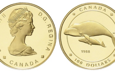 CANADA. 100 dollars 1988. Baleine du Groenland. Au titre 583 (13,34 g). 1/4 d'once d'or...
