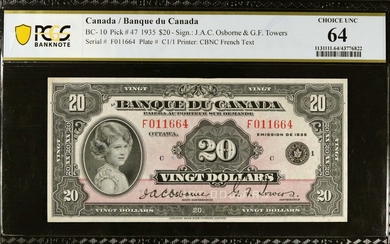 CANADA. Banque du Canada. 20 Dollars, 1935. P-47 / BC-10. PCGS Banknote Choice Uncirculated 64.