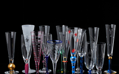 CHAMPAGNE GLASSES, 16 different models, including Orrefors, Kosta Boda, Gunnar Cyren, Ulrica Hydman Vallien.