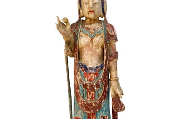 CHINE, dans le goût des Ming. Importante statue en bois polychrome figurant le bodhisattva Guanyin...