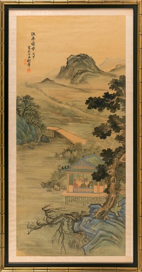 CHINESE PAINTING ON SILK Depicting figures in a pavilion in a landscape. Signed and seal marked upper left. 37" x 16.5". Framed 42"...