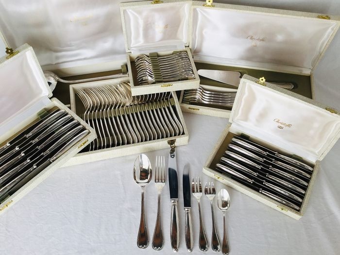 CHRISTOFLE, Exclusive large cutlery set, 86-piece silver-plated cutlery - Elegant romantic Model "RUBAN", TOP QUALITY in excellent condition!
