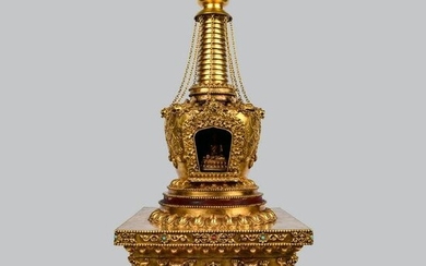 Massive Gilt Bronze & Gem-Inlaid Buddha Stupa